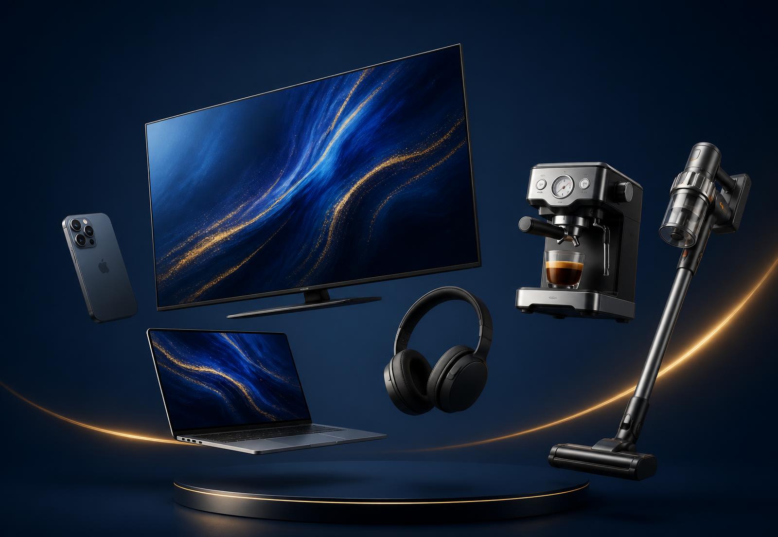 Composición de productos nuevos: televisor, smartphone, portátil, cafetera, aspiradora y auriculares